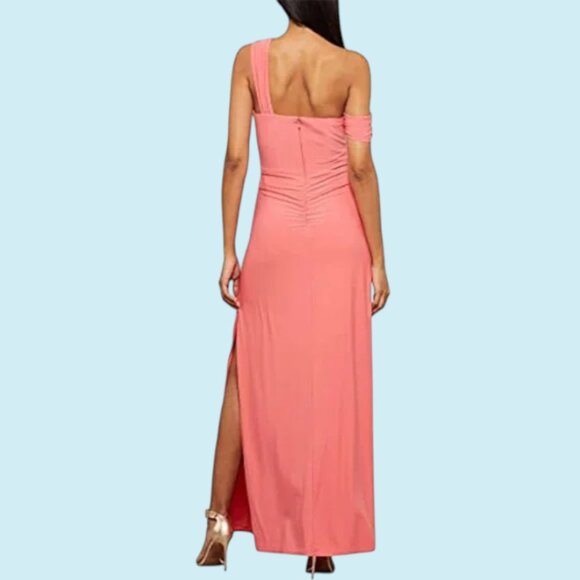 BCBGMAXAZRIA Dress Medium Coral One Shoulder Gathered Side Slit Column Gown NWT - Picture 3 of 15